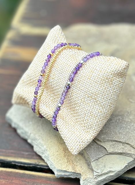 Amethyst & Gold or Silver Stretchy Gemstone Wrap Bracelet