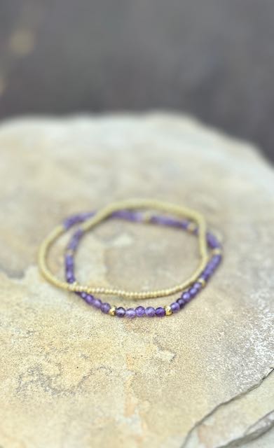 Amethyst & Gold or Silver Stretchy Gemstone Wrap Bracelet