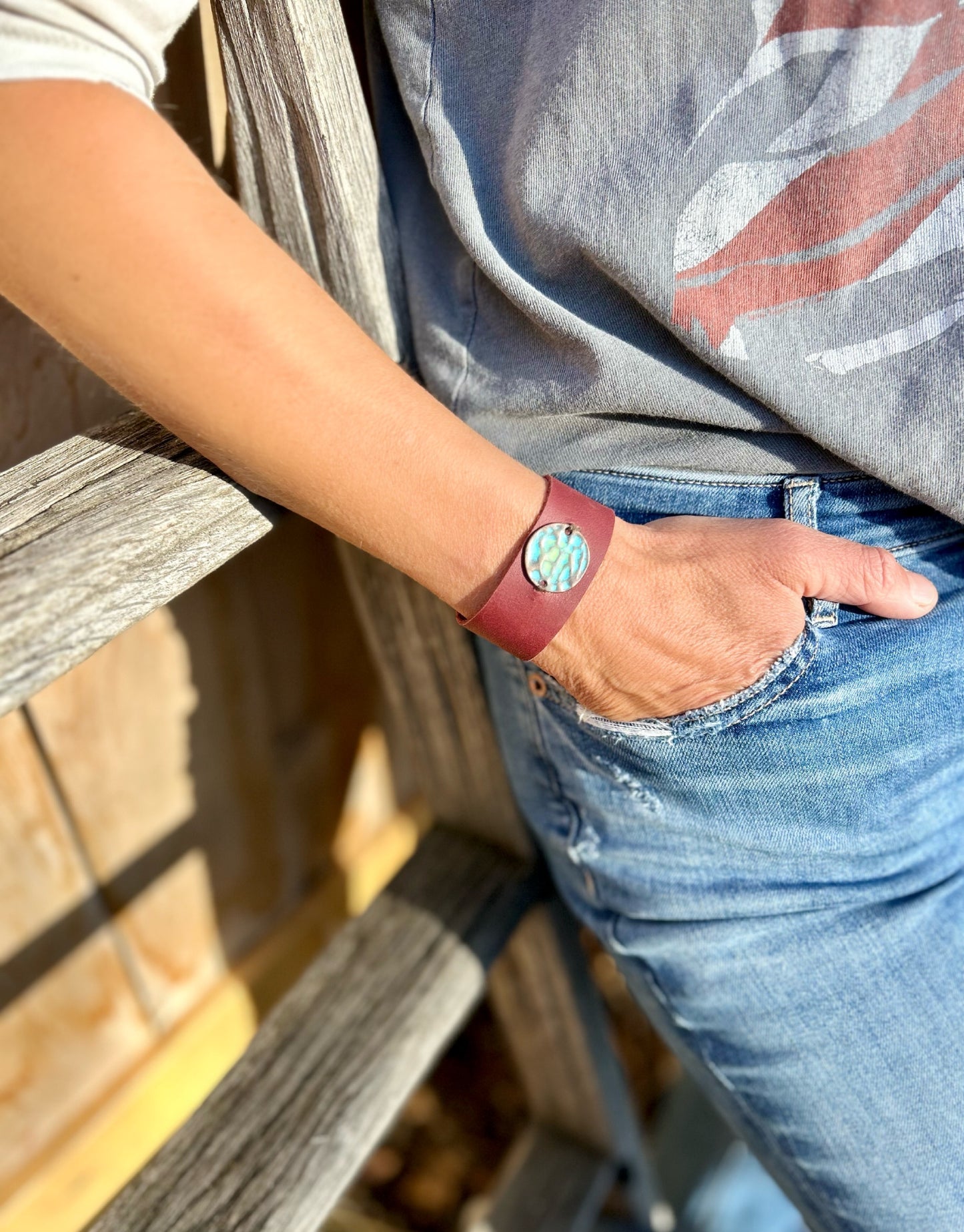Red Leather Cuff with Turquoise Metal