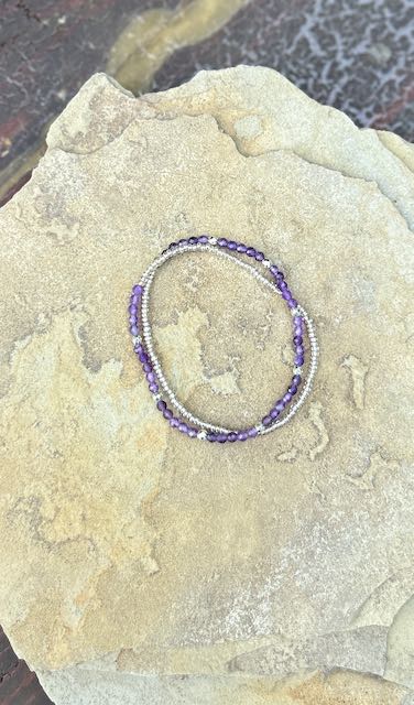 Amethyst & Gold or Silver Stretchy Gemstone Wrap Bracelet