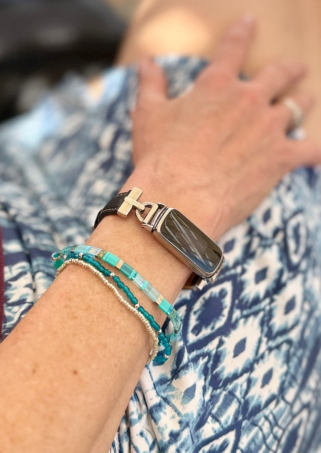 Sea Glass Mixed Blue Stretchy Tila Bead Stacked Bracelet Set in Silver or Gold