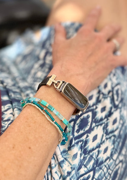 Sea Glass Mixed Blue Stretchy Tila Bead Stacked Bracelet Set in Silver or Gold