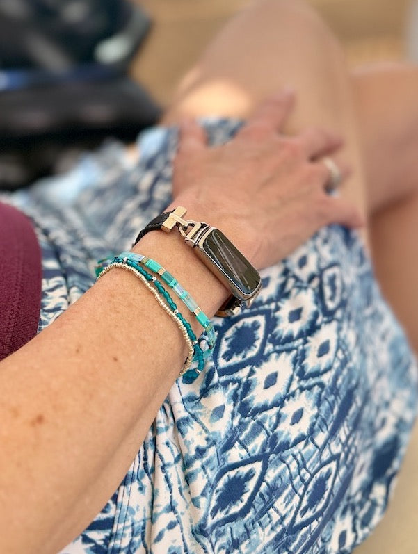 Sea Glass Mixed Blue Stretchy Tila Bead Stacked Bracelet Set in Silver or Gold