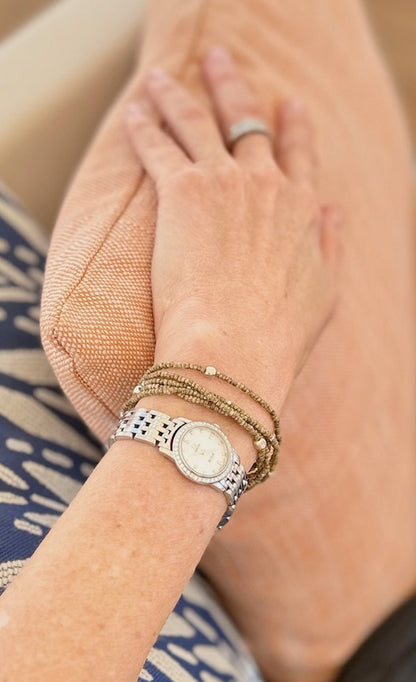 Speckled Khaki Seed Bead Wrap Bracelet Stack or Necklace with Gold or Silver Sprinkles