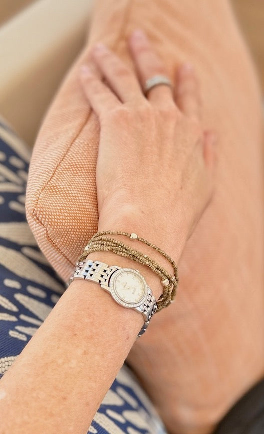 Speckled Khaki Seed Bead Wrap Bracelet Stack or Necklace with Gold or Silver Sprinkles