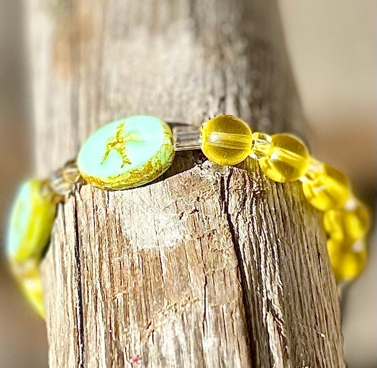 Yellow & Turquoise Birdy Beaded Stretch Bracelet