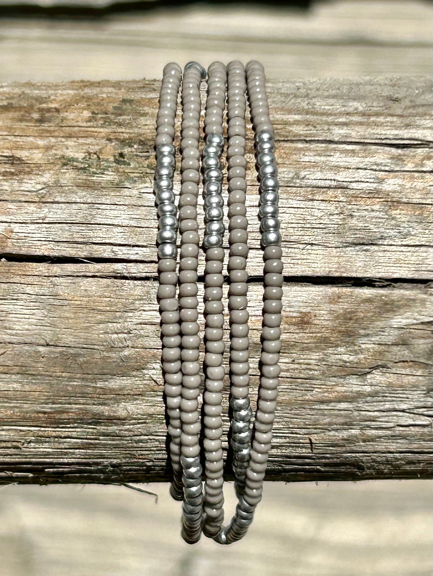 Grey & Silver-Striped Beaded 5-Wrap Bracelet