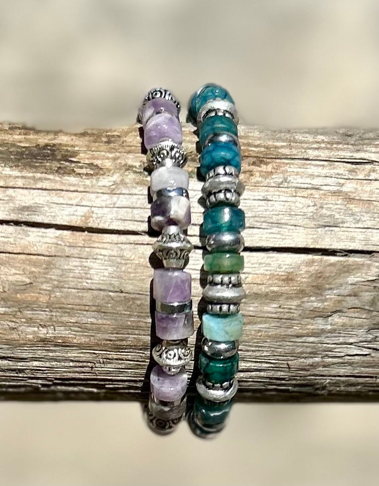 Green Agate & Silver Stretchy Beaded Bracelet