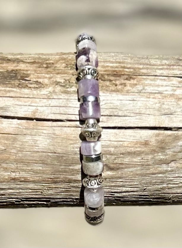 Purple Amethyst & Silver Stretchy Beaded Bracelet