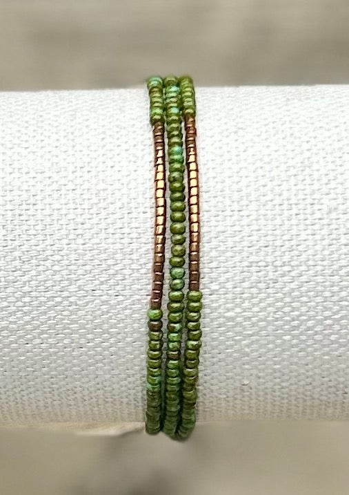 Pine Green Bronze-Striped Beaded 3-Wrap Bracelet