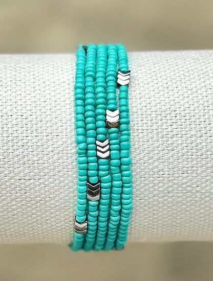 Silver Arrow & Turquoise 5-Wrap Boho Beaded Bracelet