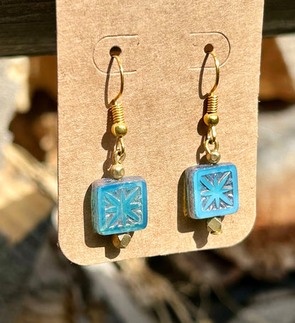 Blue & Gold Star-Flower Etched Glass Earrings
