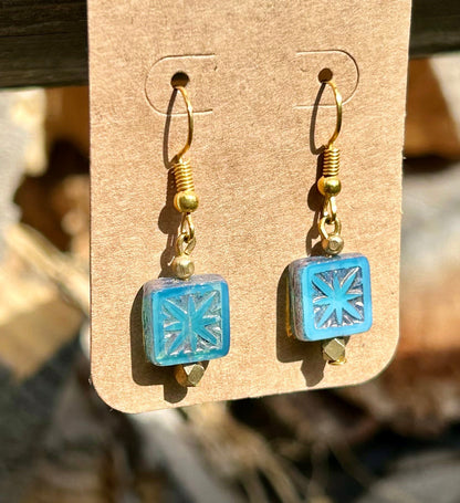 Green & Gold Star-Flower Etched Glass Earrings