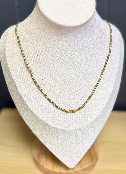 Golden Beige Seed Bead Necklace with Gold-Plated Pure Silver Nuggets – Delicate Stretchy Layering Necklace