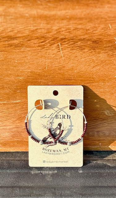 Deep Burgundy Gold or Silver Beaded Hoop Earrings