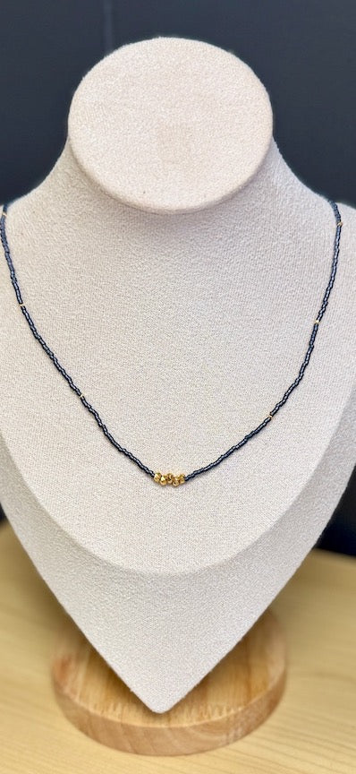 Steel Grey Seed Bead Necklace with Gold-Plated Pure Silver Nuggets – Delicate Stretchy Layering Necklace (Copy)
