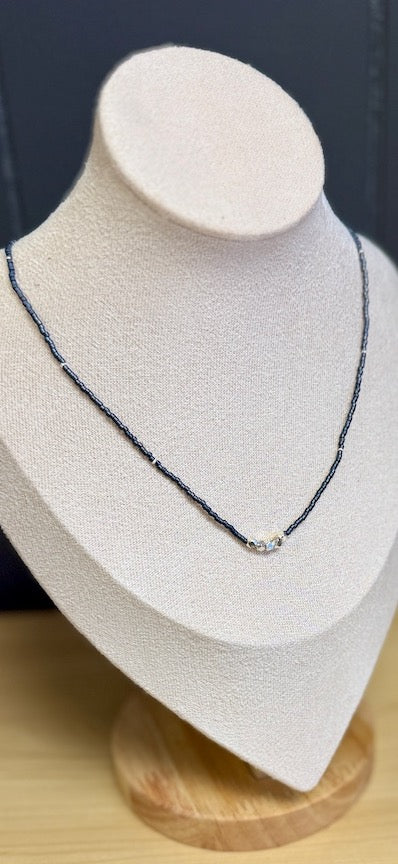 Steel Grey Seed Bead Necklace with Pure Silver Nuggets – Delicate Stretchy Layering Necklace
