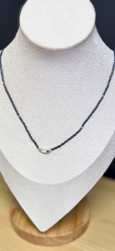 Steel Grey Seed Bead Necklace with Gold-Plated Pure Silver Nuggets – Delicate Stretchy Layering Necklace (Copy)