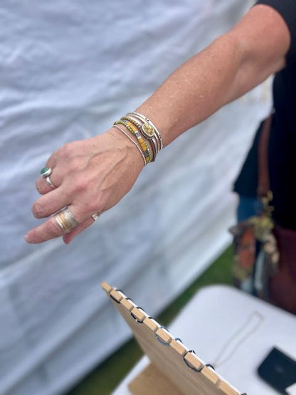 Sunflower & Moss Green Tila Bead Stacked Bracelet Set | Handmade Boho Stretch Wrap in Silver or Gold