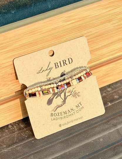 Autumn Mix & White Tila Bead Bracelet Set | Handmade Boho Stacked Stretch Bracelets in Silver or Gold