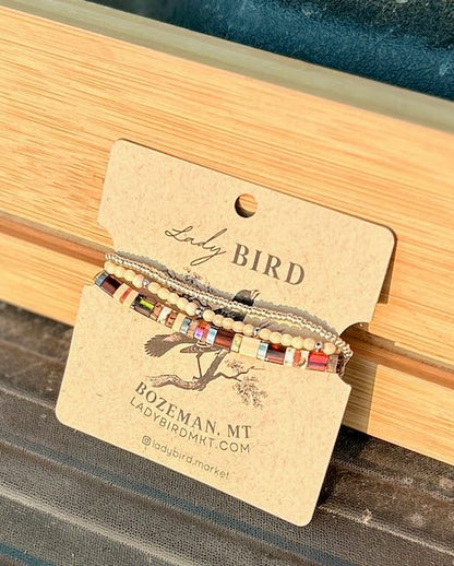 Autumn Mix & White Tila Bead Bracelet Set | Handmade Boho Stacked Stretch Bracelets in Silver or Gold