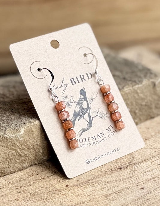 Peachy Sunstone Gemstone Dangle Earrings with Gold or Silver Accents