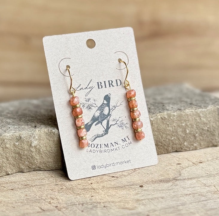 Peachy Sunstone Gemstone Dangle Earrings with Gold or Silver Accents