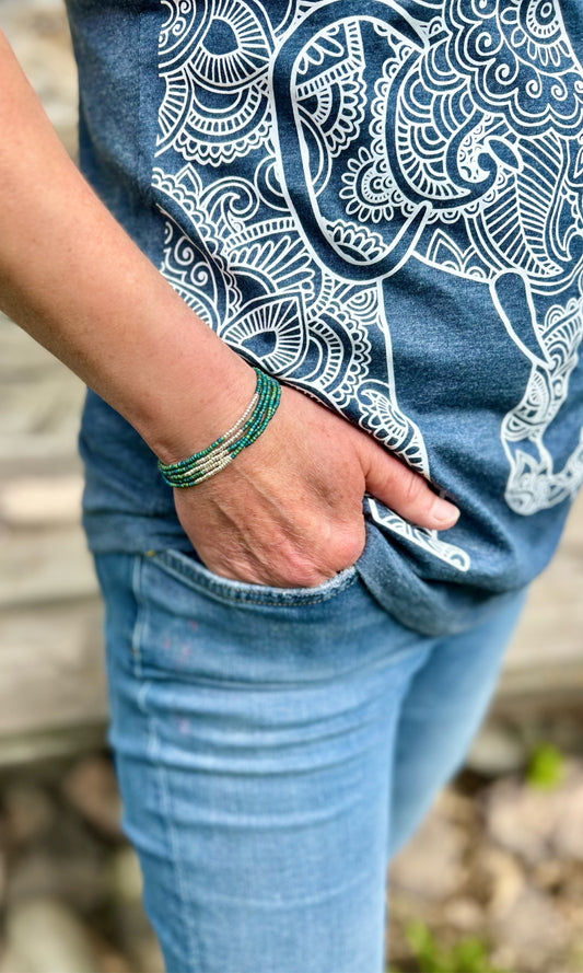 Greenish-Blue Silver-Striped 5-Wrap Beaded Boho Bracelet