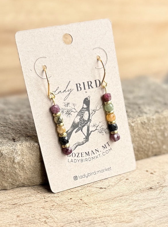 Watermelon Tourmaline Gemstone Dangle Earrings with Gold or Silver Accents