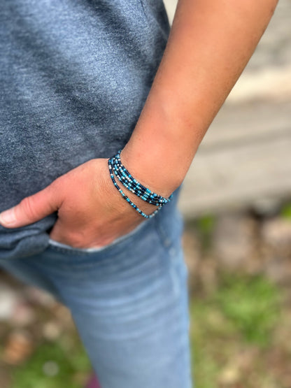 Blue Mix Silver-Sprinkle 5-Wrap Beaded Boho Bracelet
