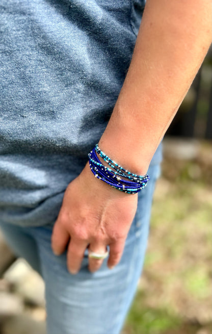 Blue Mix Silver-Sprinkle 5-Wrap Beaded Boho Bracelet