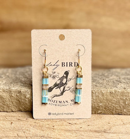 Translucent Icy Blue & Gold or Silver Tila Bead Dangle Earrings