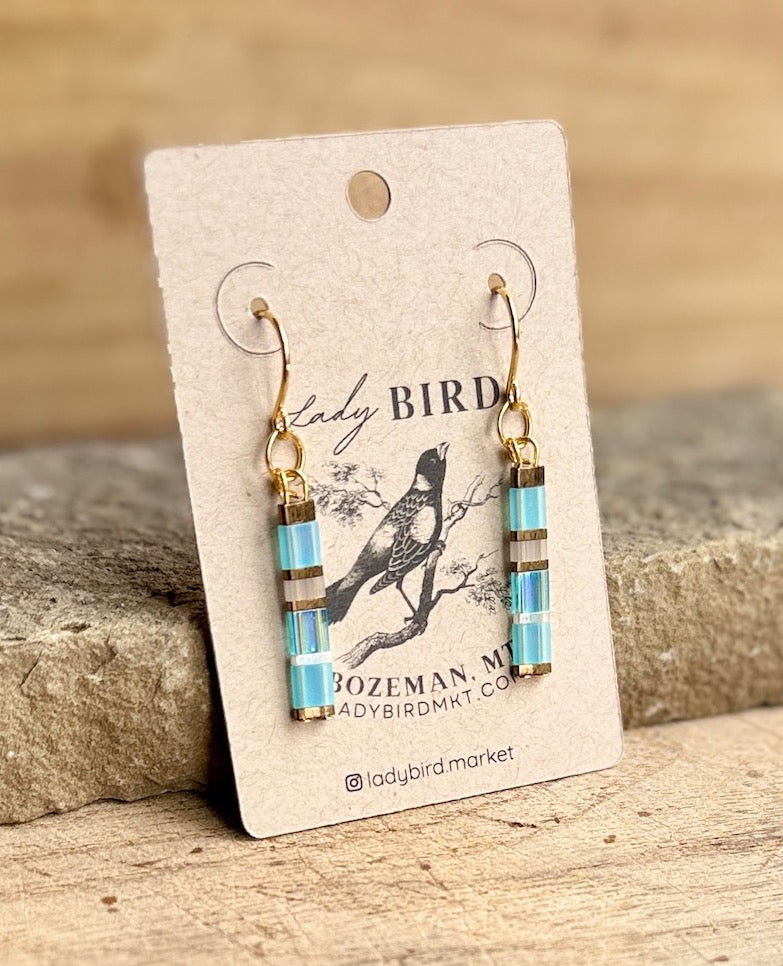 Translucent Icy Blue & Gold or Silver Tila Bead Dangle Earrings