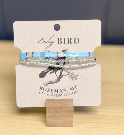 Icy Blue & Crystal Gold or Silver Stretchy Tila Bead Bracelet Stack
