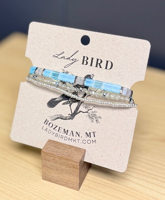 Icy Blue & Crystal Gold or Silver Stretchy Tila Bead Bracelet Stack