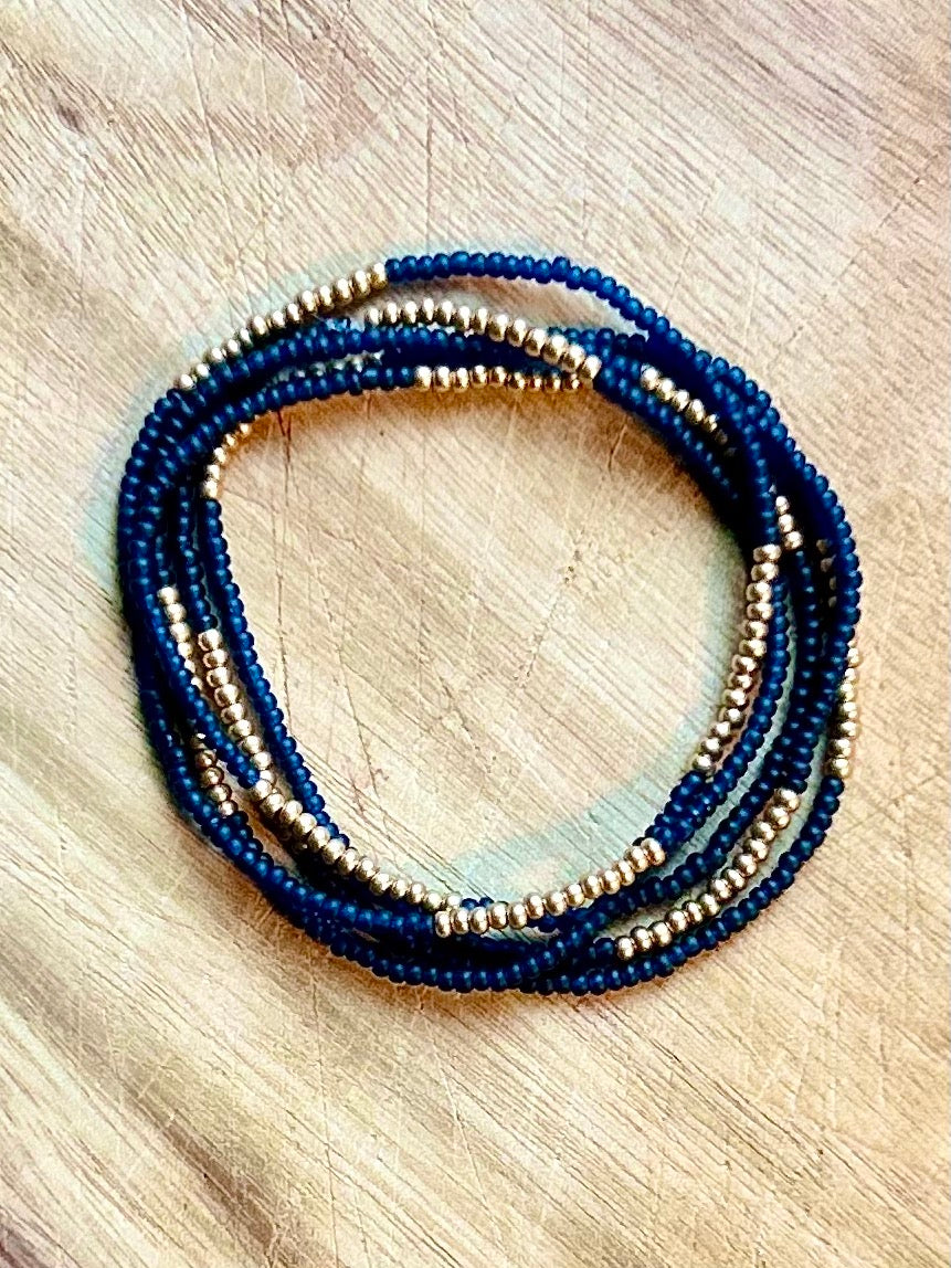 Navy Blue & Gold-Striped Beaded 5-Wrap Bracelet