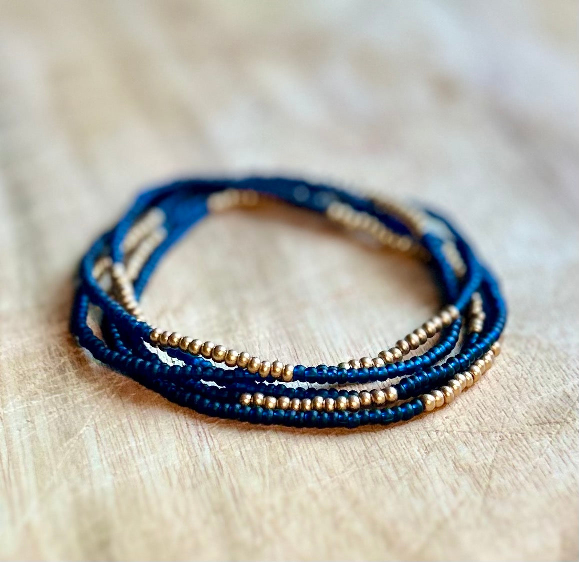 Navy Blue & Gold-Striped Beaded 5-Wrap Bracelet