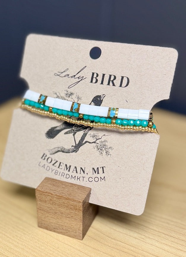 Bright White & Speckled Turquoise With Silver or Gold Stretchy Tila Bead Bracelet Set
