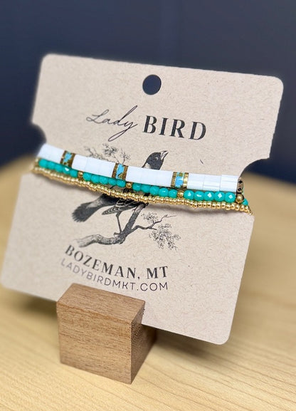 Bright White & Speckled Turquoise With Silver or Gold Stretchy Tila Bead Bracelet Set