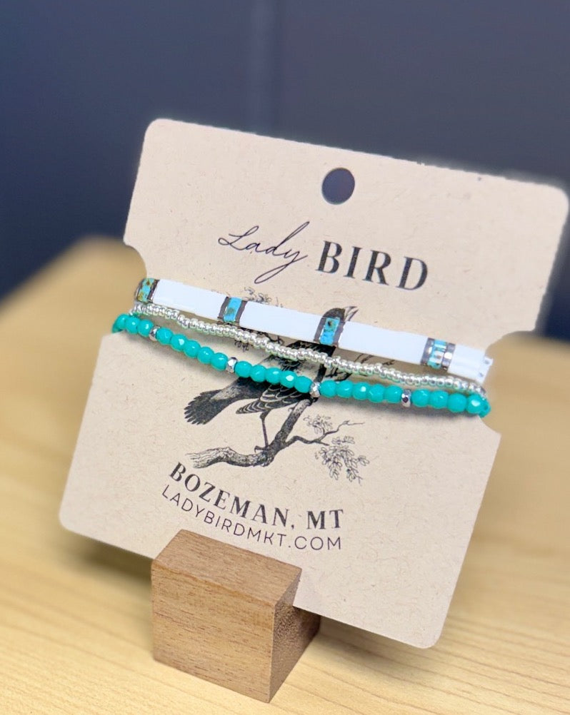 Bright White & Speckled Turquoise With Silver or Gold Stretchy Tila Bead Bracelet Set