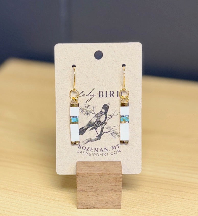 Bright White & Speckled Turquoise Tila Bead Dangle Earrings