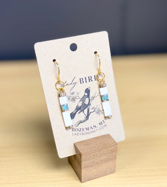 Bright White & Speckled Turquoise Tila Bead Dangle Earrings