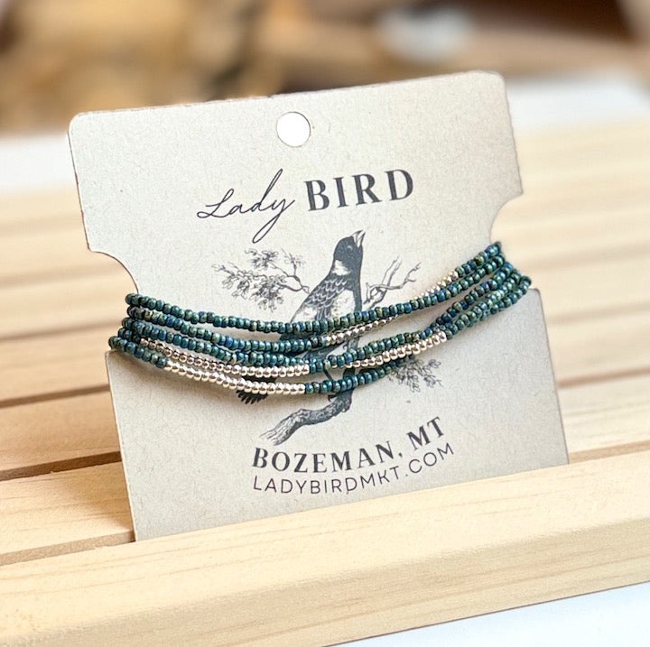 Speckled Dark Teal Seed Bead Wrap Bracelet Stack or in Gold or Silver Stripes