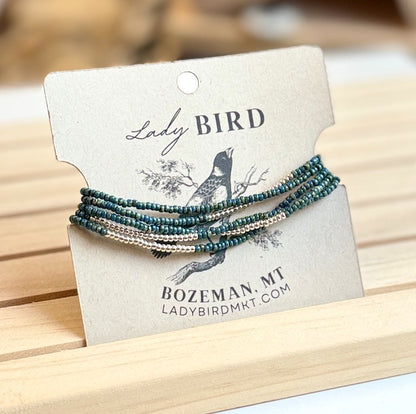 Speckled Dark Teal Seed Bead Wrap Bracelet Stack or in Gold or Silver Stripes