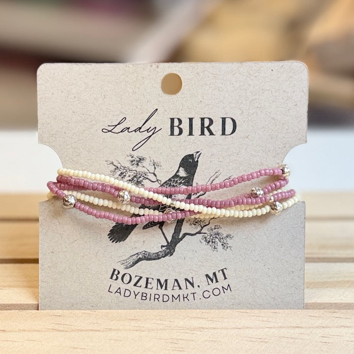 Pale Pink & Creamy White Seed Bead Wrap Bracelet Stack or Necklace with Gold or Silver