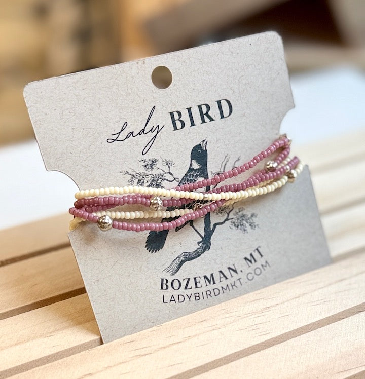 Pale Pink & Creamy White Seed Bead Wrap Bracelet Stack or Necklace with Gold or Silver