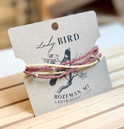 Pale Pink & Creamy White Seed Bead Wrap Bracelet Stack or Necklace with Gold or Silver