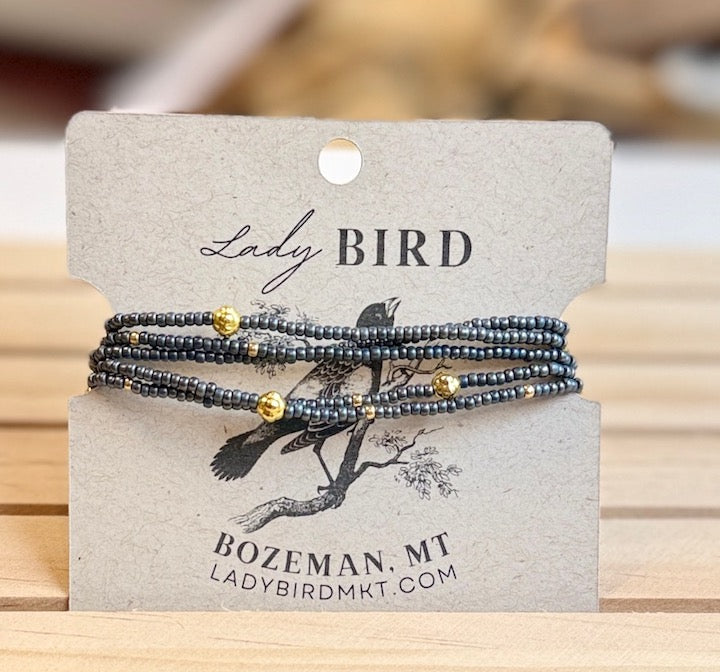 Steel Grey Seed Bead Wrap Bracelet Stack or Necklace with Gold or Silver