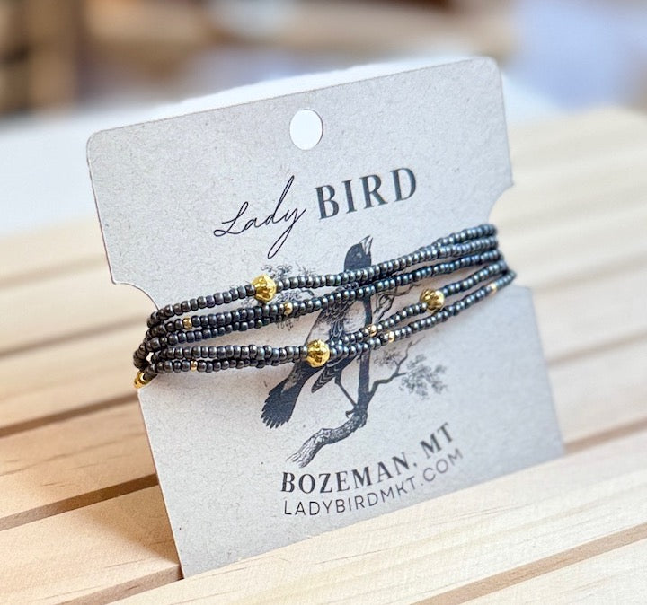 Steel Grey Seed Bead Wrap Bracelet Stack or Necklace with Gold or Silver