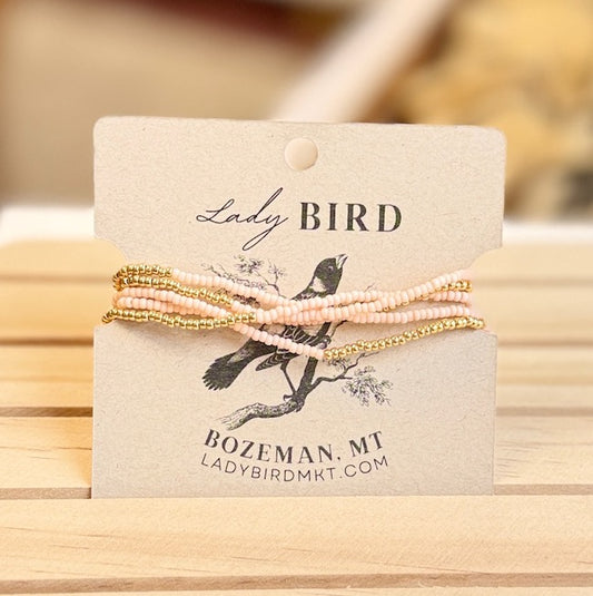 Tea Rose Light Pink Seed Bead 5-Wrap Bracelet Stack in Gold or Silver Stripes